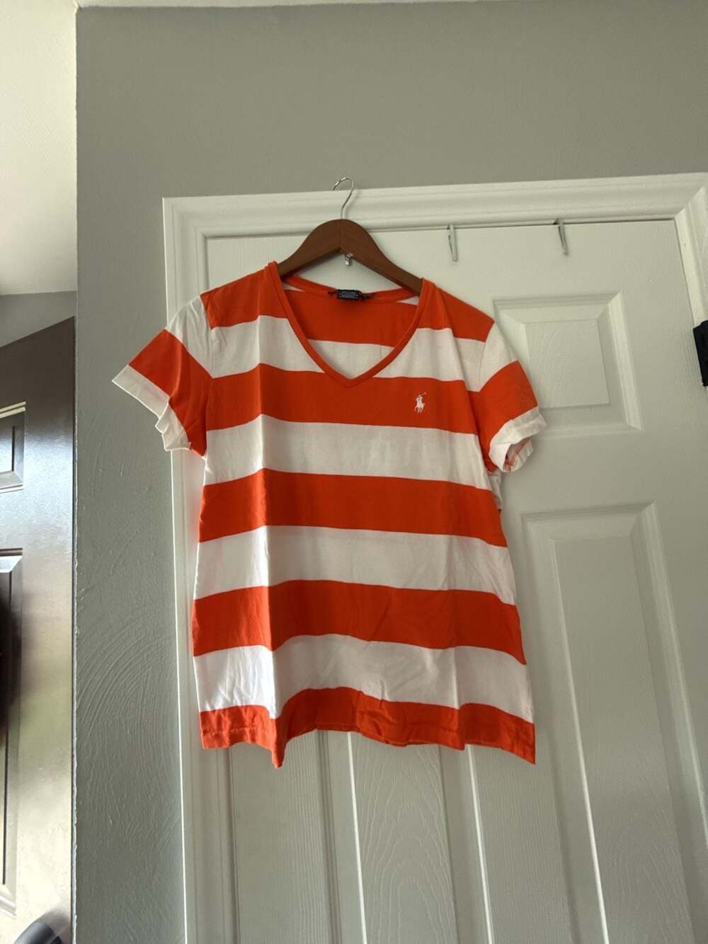 Ralph Lauren Sport V-Neck T-Shirt Size XL Orange White Striped